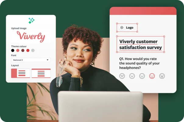 A woman smiling and looking at her laptop with overlays showing survey style options such as uploading a logo, selecting a theme colour and editing a Viverly customer satisfaction survey.