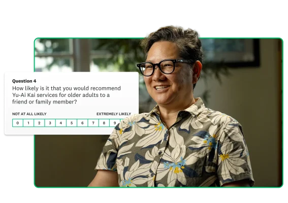 A smiling person sitting in a chair with a floating NPS question in the background