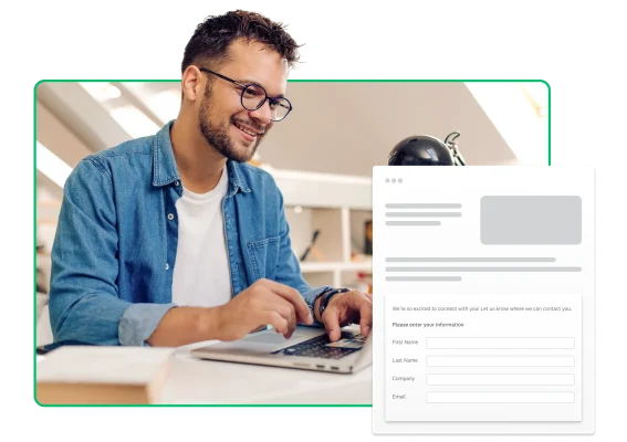 Man working on laptop next to screenshot of lead form