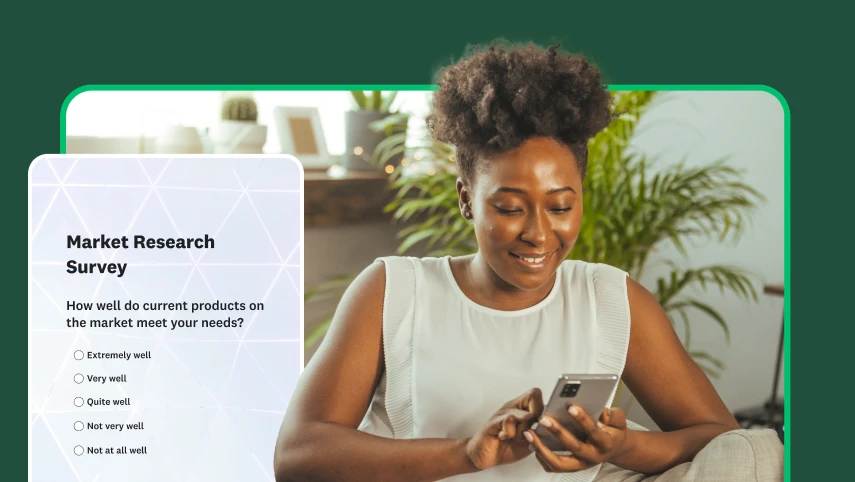 A woman typing on her phone next to a screenshot of a market research survey