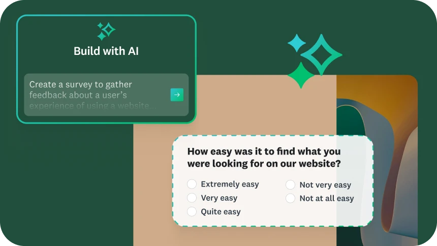 A Build with AI user interface screen with a prompt to create a specific survey, plus a sample survey question with a list of answers