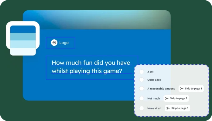 A survey creation screen showing the ability to customise a survey with logic branching and to skip to different questions depending on the answer chosen