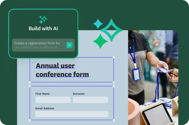 A person filling out an annual user conference form with a pop-up showing an AI prompt