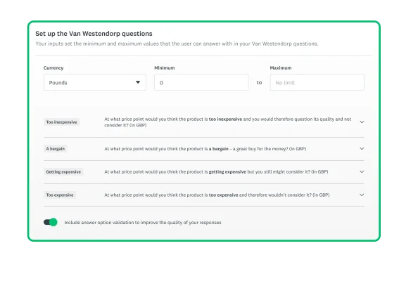 A screenshot of the SurveyMonkey price optimisation solution setup screen
