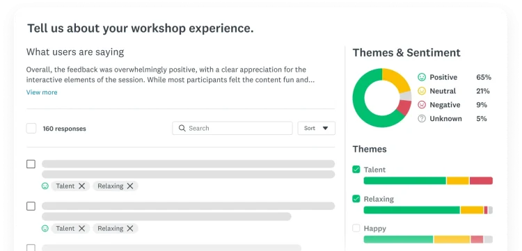 Graphs showing themes and Sentiment Analysis for a survey.