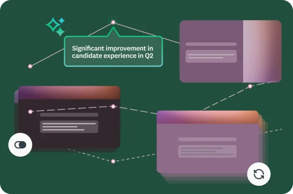 Line graphs connecting surveys, with a callout indicating significant improvement in candidate experience in Q2