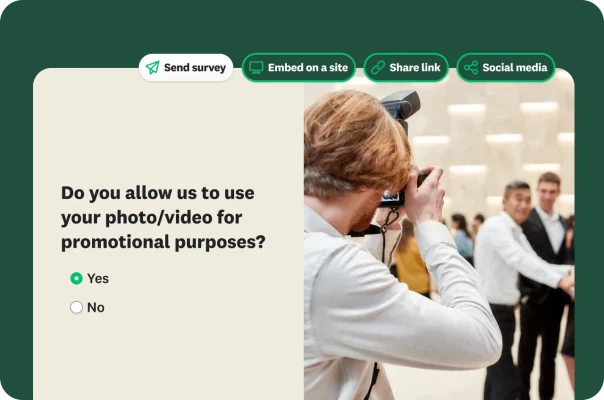 A photographer taking a picture, with a digital consent form overlay asking “Do you allow us to use your photo/video for promotional purposes?”