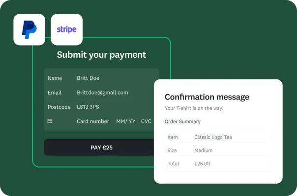 The ‘Submit Your Payment’ interface, which is integrated with PayPal and Stripe, and a confirmation message saying “Your T-shirt is on the way!”