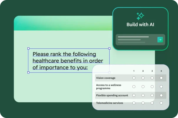 A form showing a survey question that asks respondents to rank a list of healthcare benefits in order of importance to them, with the following answer options: ‘Vision coverage’, ‘Access to a wellness programme’, ‘Flexible spending account’ and ‘Telemedicine services.’ An ‘AI-powered’ creation tool is shown in the corner.