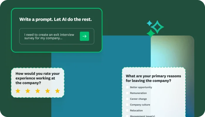 A text box asking the user to write a prompt and let AI do the rest and create a survey; next to it are survey questions asking “How would you rate your experience working at the company?” and “What are your primary reasons for leaving the company?”
