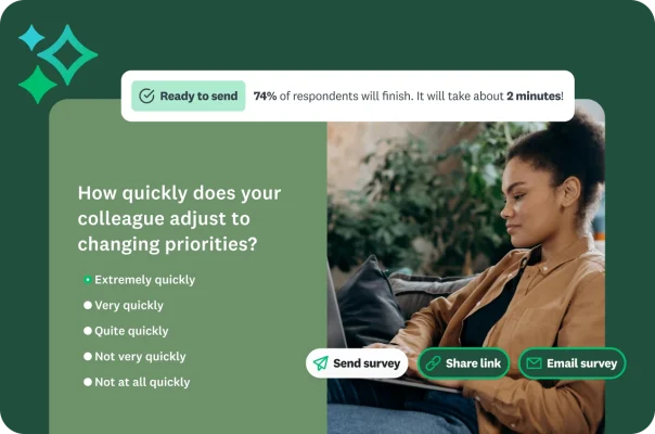 A woman sitting on a sofa and looking at a survey question about a colleague’s performance.