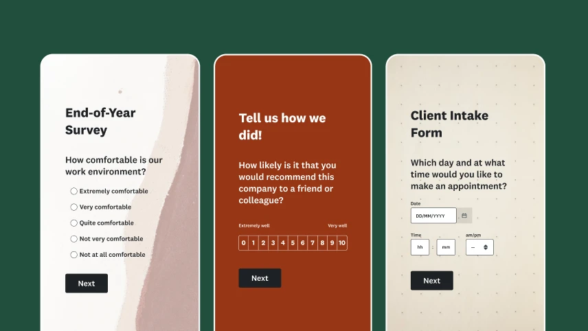 Screenshots of three different surveys on mobile devices