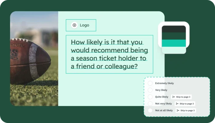 A survey creation screen showing the ability to customise a survey with logic branching and to skip to different questions depending on the answer chosen
