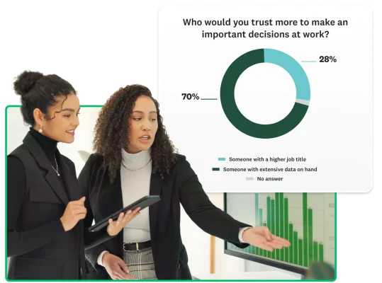 Two women in business casual clothing having a discussion, next to a graph showing that 70% of people would trust someone with extensive data to make important decisions at work, vs 28% with a higher job title
