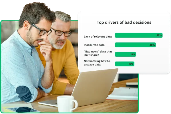 Two men looking at laptop screen together, next to bar graph showing that top drivers of bad decisions at work are 39% lack of relevant data, and 30% inaccurate data