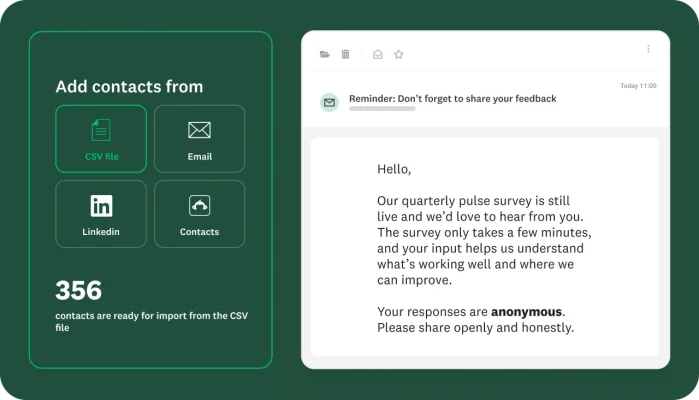 An option to add contacts from a CSV file, email, LinkedIn and saved contacts, along with an email inviting users to take the quarterly pulse survey