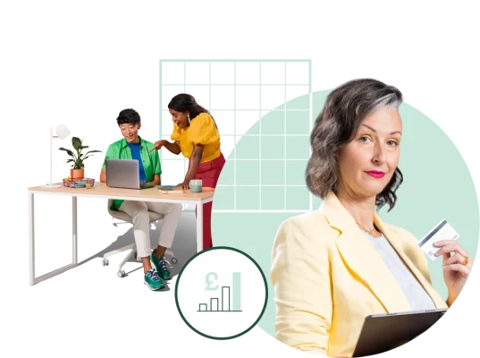 Woman holding a credit card, next to two people who are looking at a computer screen and talking