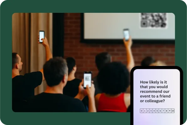 People in a room scanning a QR code from a projector on their phones, with a survey question asking how likely it is that you would recommend the event to a friend or colleague