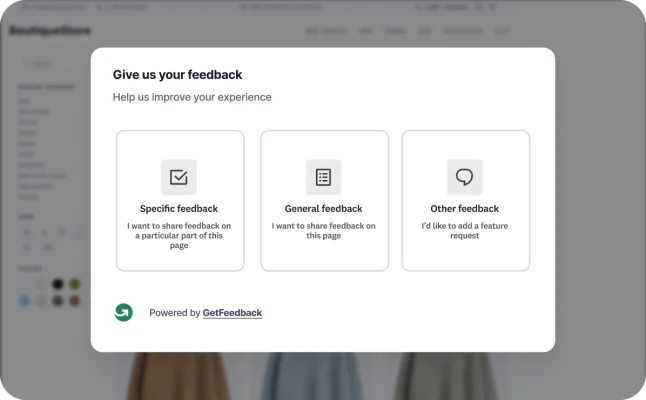 A website feedback pop-up modal by GetFeedback allowing visitors to leave feedback or other requests