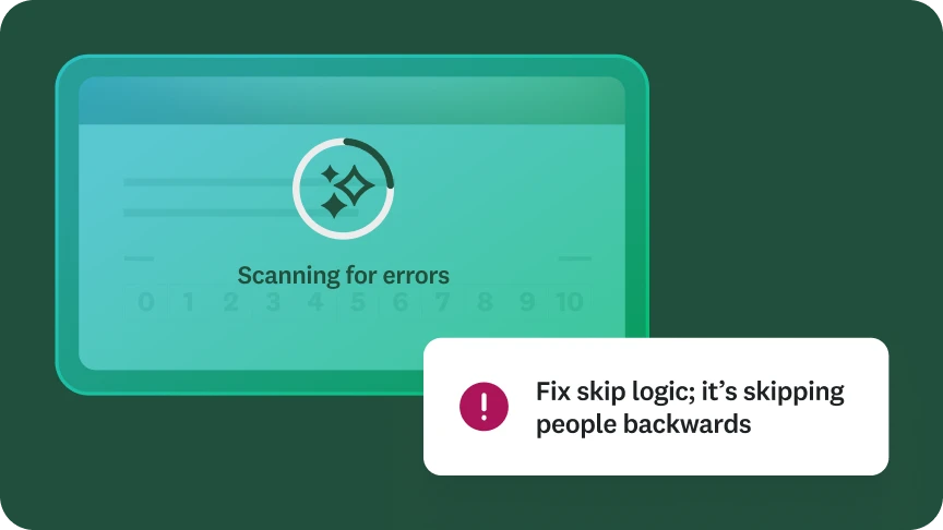 An image of a digital tool scanning for errors in a questionnaire. A pop-up error message reads “Fix skip logic; it’s skipping people backwards”.
