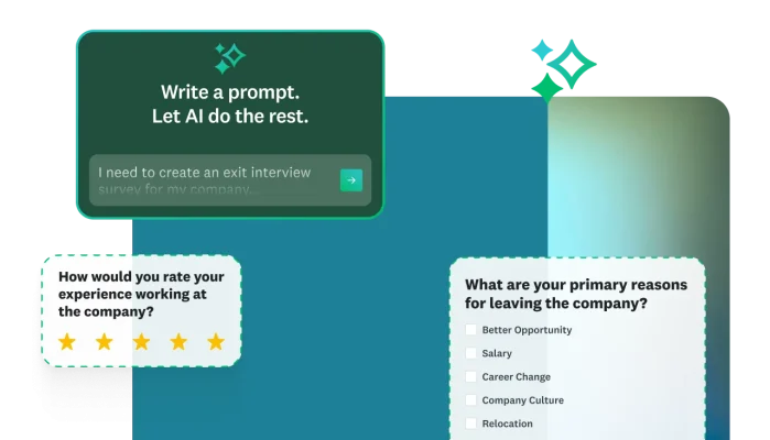 Modals showing survey questions and the use of AI for prompt writing and survey generation