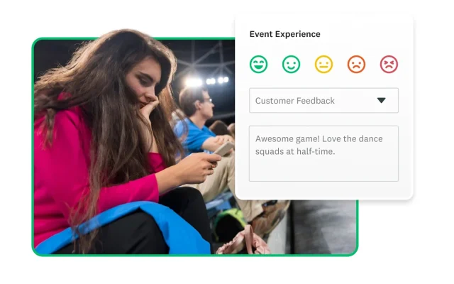 A woman typing on her phone next to a screenshot of a survey response to an event experience survey