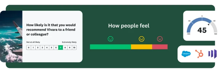 A survey question asking “How likely is it that you would recommend Vivara to a friend or colleague?”, next to a bar chart showing how people feel and an NPS score of 45