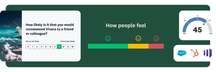 A survey question asking “How likely is it that you would recommend Vivara to a friend or colleague?”, next to a bar chart showing how people feel and an NPS score of 45