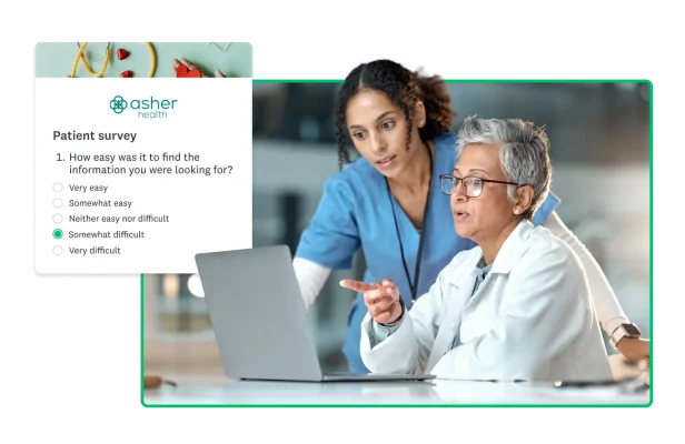 Two women in scrubs and lab coats looking at laptop screen next to screenshot of patient survey