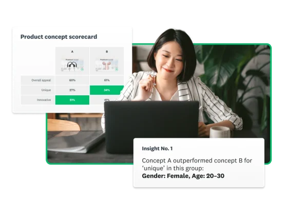 A woman looking at a laptop next to a product concept scorecard screenshot and insight