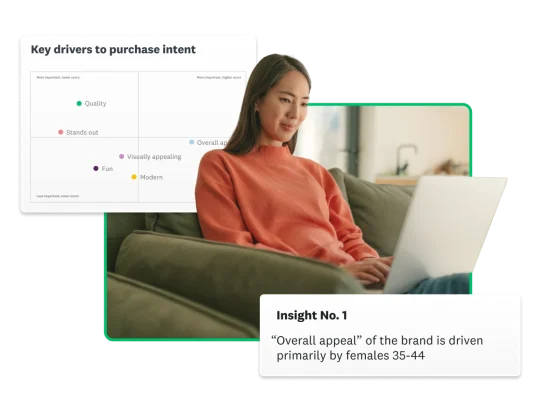 A woman typing on a laptop next to a chart showing key drivers to purchase intent and insight saying that the overall appeal of the brand is driven primarily by females aged 35 to 44