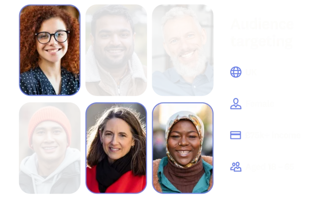 Headshots of 6 people and specific targeting criteria. Those who don’t meet the criteria are greyed out.