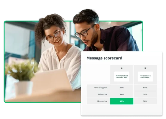 Two people looking at a laptop screen together next to a screenshot of some message scorecard results