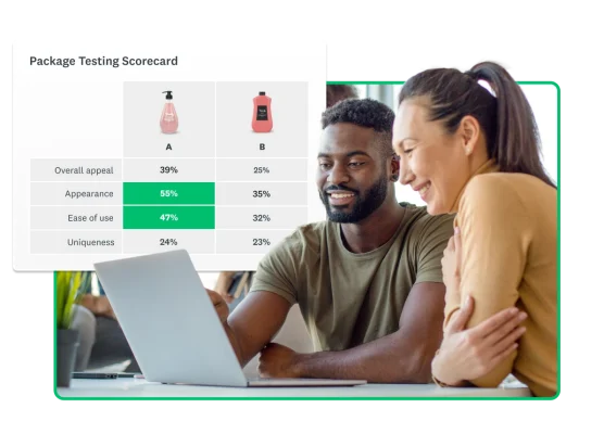 Two people looking at a laptop screen together next to a package testing scorecard that shows the results for two different soap bottles