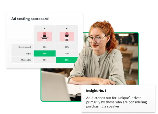 A woman working on a computer next to a screenshot of a SurveyMonkey ad testing scorecard