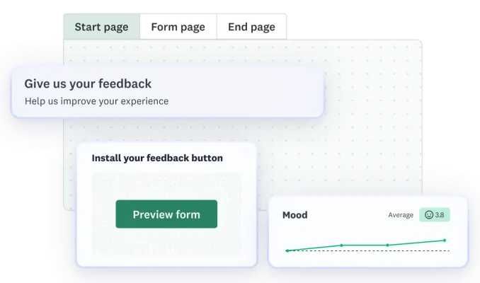 GetFeedback platform interface showcasing form builder workflow, preview button setup and visitor sentiment analytics widget