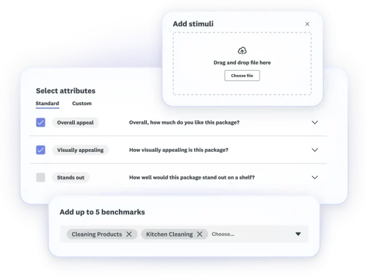 Screenshots of Packaging Testing steps: add stimuli, select attributes, add up to five benchmarks