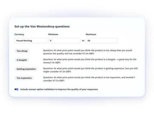 A screenshot showing how to set up Van Westendorp questions