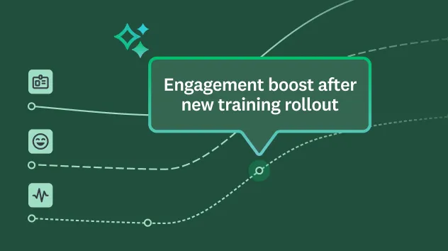 Line graphs with a data point saying engagement boost after new training rollout