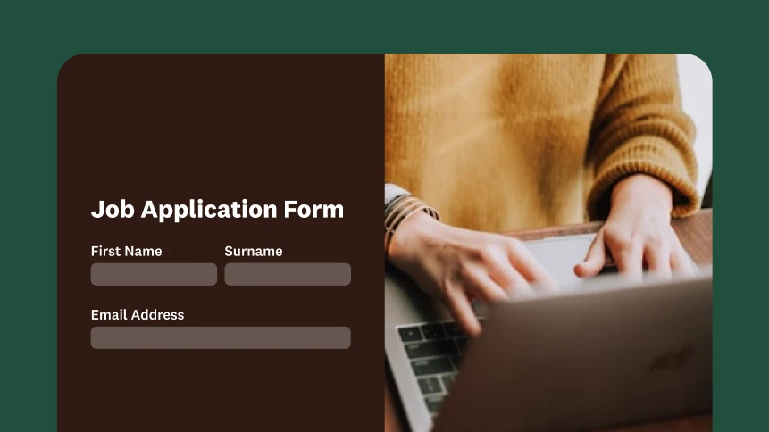 A person typing on a laptop, with an overlay showing a job application form