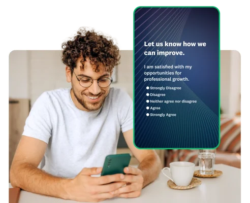 A young man looking at his phone screen next to a screenshot of a survey question asking how improvement can be achieved