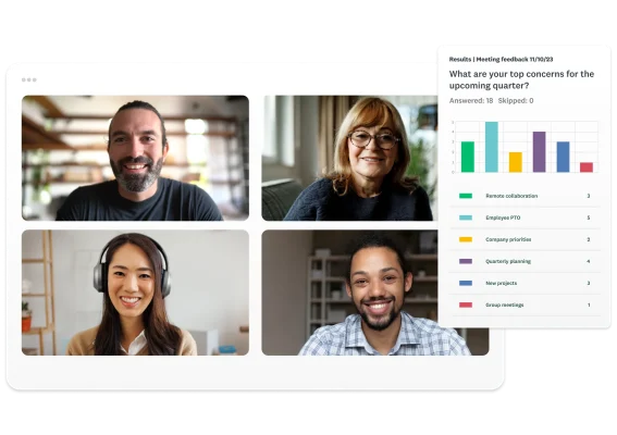 A virtual meeting space with four people on the screen and a meeting feedback poll product screen