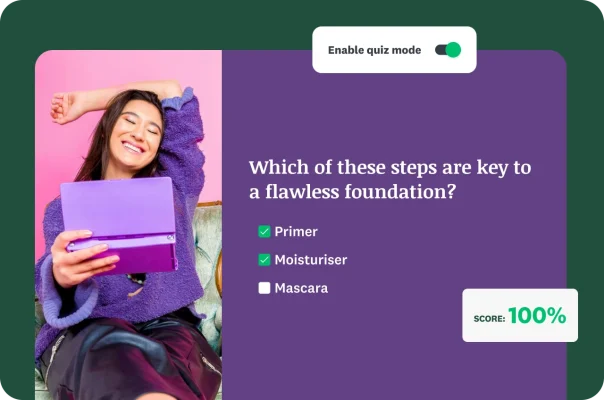 A smiling woman with an overlay of a multiple choice beauty quiz in ‘quiz mode’ with a 100% score.