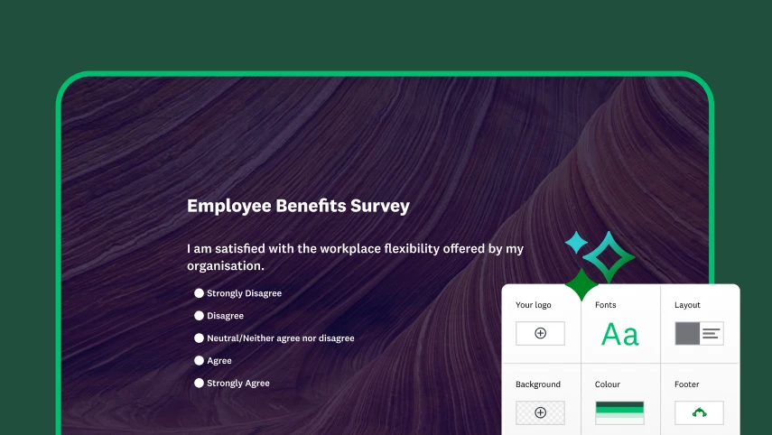 A screenshot of an employee benefits survey next to survey design controls such as editing colours, fonts and layout
