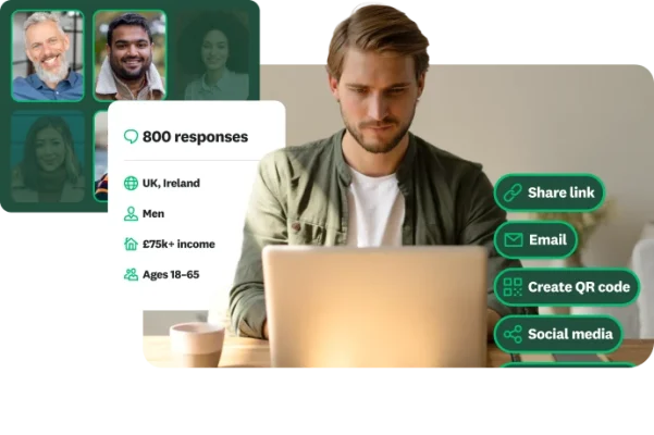 Man on laptop with overlays showing targeted respondent demographics and options to share a survey via link, email, QR code or social media
