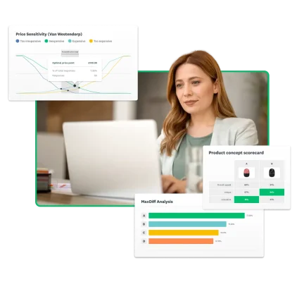 Woman on laptop with pop-ups of market research