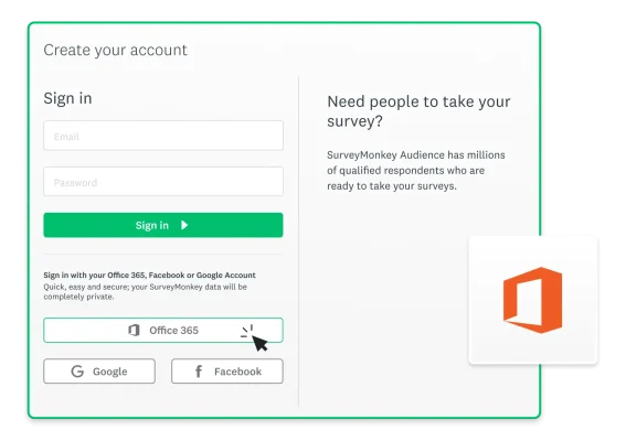 A screenshot of SSO abilities for SurveyMonkey using the Office 365 login