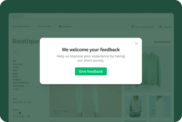A modal on a website asking the user to provide feedback by taking a short survey
