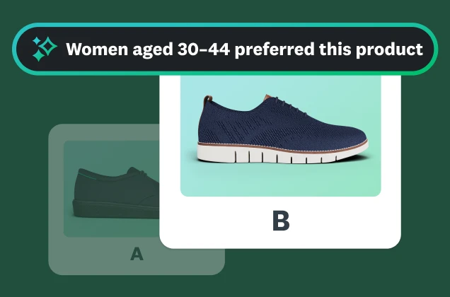A photo of two different trainers labelled A and B with an insight saying that women aged 30–44 preferred product B