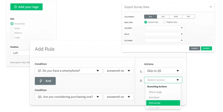 Screenshots of export survey data and logic branching features in SurveyMonkey